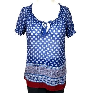 JOIE xsmall cotton & silk boho blue red peasant blouse